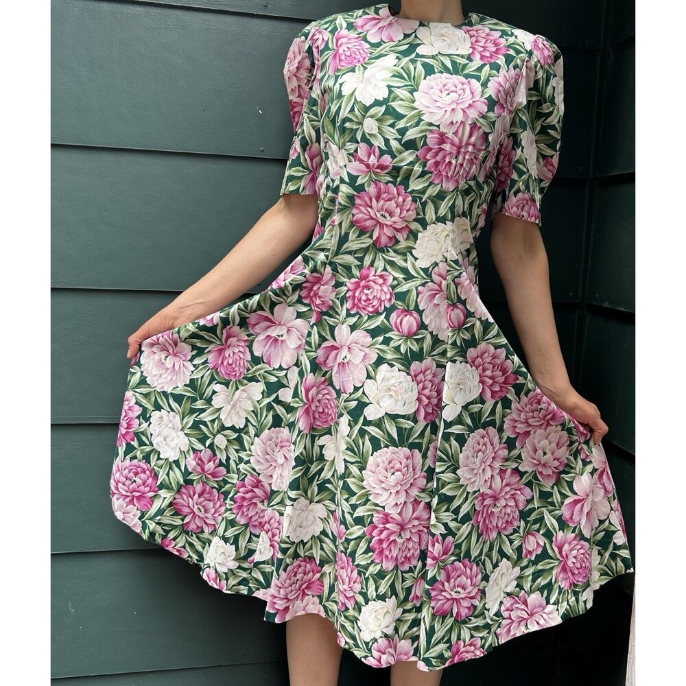Vintage 80s Peony Floral Dress Medium Prairie Cottagecore Handmade Talon Zipper